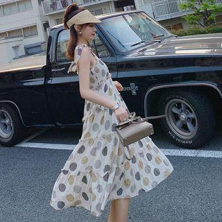 Ribbon Strap Polka Dot A-line Midi Dress