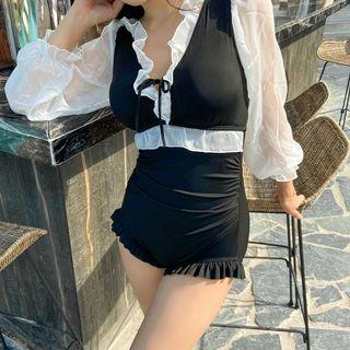 Puff-sleeve Ruffled Mesh Panel Swimsuit