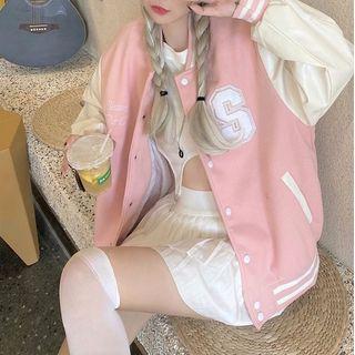 Letter Embroidered Bomber Jacket Pink - One Size