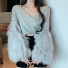 Fluffy-cuff Ribbed Sweater Gray - One Size