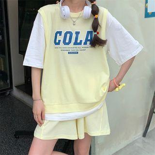 Set: Mock Two-piece Elbow-sleeve Lettering T-shirt + Sweatshorts