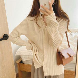 V-neck Plain Rib Knit Cardigan