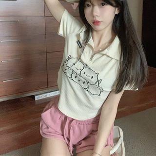 Short-sleeve Cartoon Print Half-zip Polo Shirt