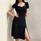 Sweetheart Neckline Short-sleeve Slit A-line Dress