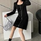 Long-sleeve Zip Mini A-line Dress 3238 - Black - One Size