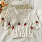 Strawberry-accent Lace-trim Crop Knit Shirt