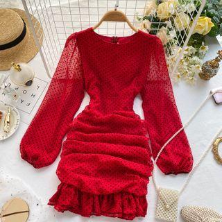 Balloon-sleeve Dotted Shirred Sheath Dress