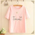 Cat Face Embroidered Short-sleeve Top