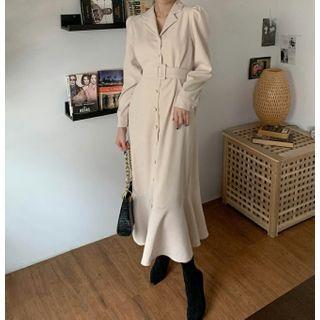 Long-sleeve Plain Tie-waist Midi Dress