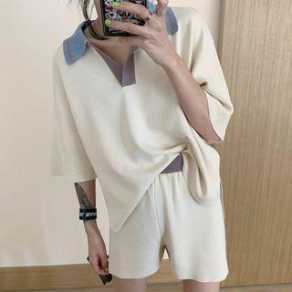 Elbow-sleeve Collared Knit Top / Knit Shorts