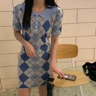 Short Sleeve Argyle Polo Dress Blue - One Size