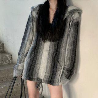 Oversized Striped Long-sleeve Hoodie Gray - One Size