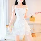 Set: Cap Sleeve Beaded Strap Ruffled Mini Sheath Dress + Plain Shorts