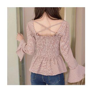 Smocked-waist Checked Top