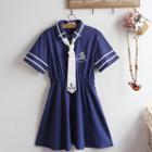 Short-sleeve Embroidered Tie-neck Mini Dress