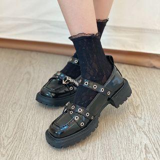 Platform Block Heel Chain Heart Buckle Mary Jane Shoes