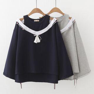 Tasseled Contrast Trim Cut Out Shoulder Pullover