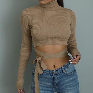 Turtleneck Tie-waist Crop Knit Top