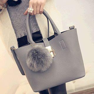 Pompom Faux Leather Shopper Bag