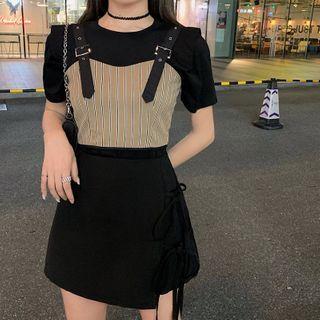 Crew-neck Short-sleeve T-shirt / Striped Camisole / Bow Detail Mini A-line Skirt