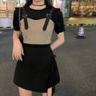 Crew-neck Short-sleeve T-shirt / Striped Camisole / Bow Detail Mini A-line Skirt