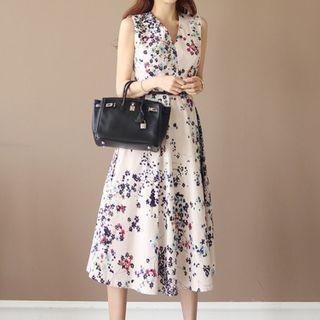 Floral Sleeveless V-neck Midi A-line Dress