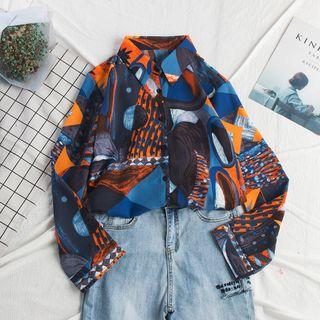 Printed Long-sleeve Shirt Blue - One Size