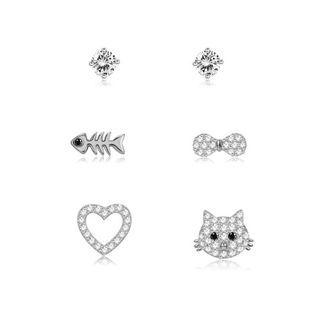 Sterling Silver Fashion Simple Cat And Fish Three-piece Stud Earrings Silver - One Size