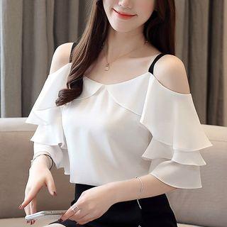 Elbow-sleeve Cold-shoulder Ruffle Chiffon Top