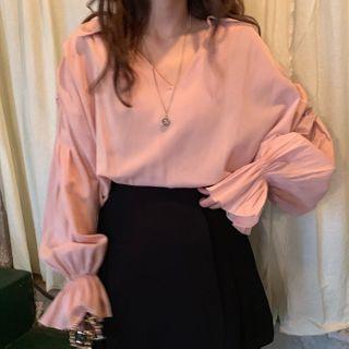 V-neck Lantern-sleeve Blouse Pink - One Size