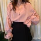V-neck Lantern-sleeve Blouse Pink - One Size
