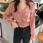 V-neck Gingham Long-sleeve Crop Top Red - One Size