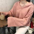 Plain Long-sleeve Loose-fit Knit Top Pink - One Size