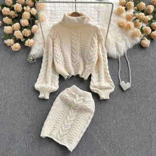 Set Of 2 : High-neck Ripped Long-sleeve Knit Sweater + High-waist Knit Skirt
