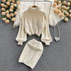 Set Of 2 : High-neck Ripped Long-sleeve Knit Sweater + High-waist Knit Skirt