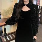 Long-sleeve Sequined Velvet Sheath Dress Black - One Size