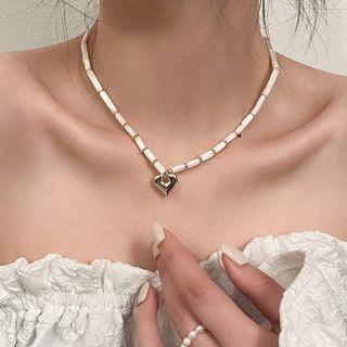 Heart Alloy Pendant Glass Necklace Necklace - Love Heart - White & Silver - One Size