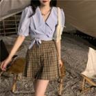Puff-sleeve Wide Collar Crop Blouse / Plaid Pleated Skirt