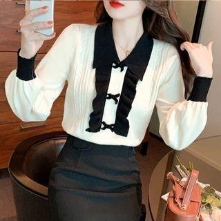 Long-sleeve Bow Accent Two-tone Knit Top