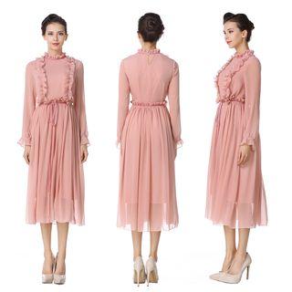 Frilled Long-sleeve A-line Midi Chiffon Dress