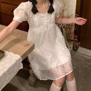 Short-sleeve Mesh Mini A-line Dress White - One Size