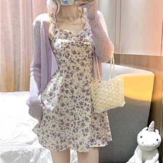 Spaghetti Strap Floral Print Dress / Buttoned Cardigan