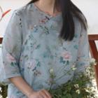 3/4-sleeve Floral Print Blouse Light Blue - One Size