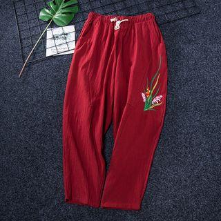 Floral Embroidered Drawstring Pants Red - One Size