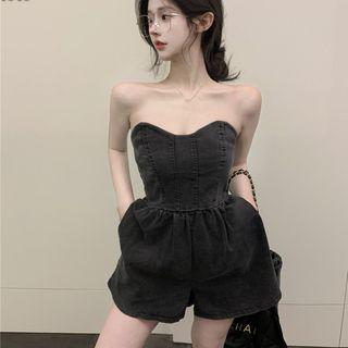 Strapless Washed Denim Romper