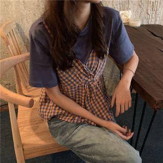 Mock Two-piece Short-sleeve Gingham Paneled T-shirt Blue - One Size