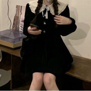 Puff-sleeve Lace Trim Collared A-line Dress Dress - Black - One Size