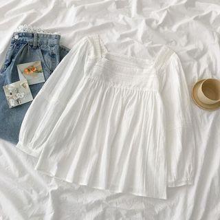 Puff-sleeve Square Neck Plain Blouse White - One Size