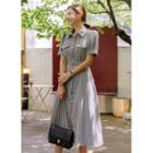 Puff-sleeve Long Gingham Dress With Belt Black - One Size
