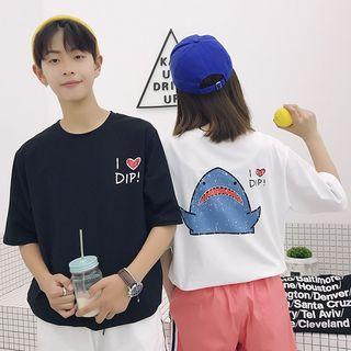 Couple Matching Elbow-sleeve Shark Print T-shirt
